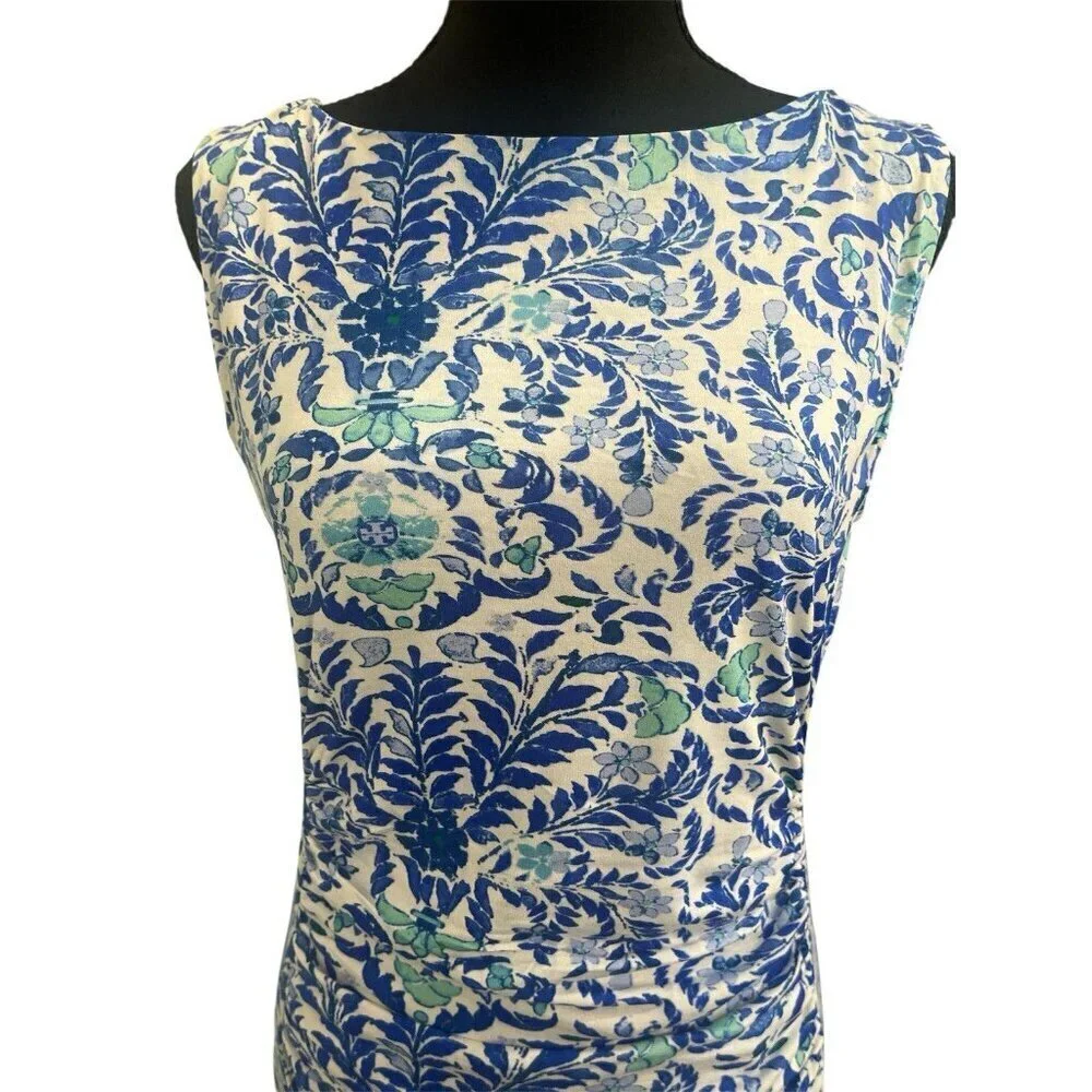Tory Burch Ruched Knee Length Silk Dress Blue White Floral Print Lined Medium